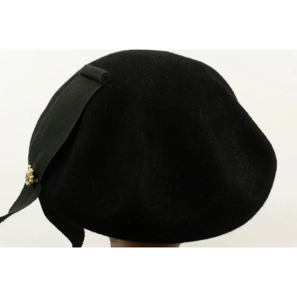 Vintage Glenover Felt Wool Beret Cap Henry Pollak Tat Gem Floral Pin Black